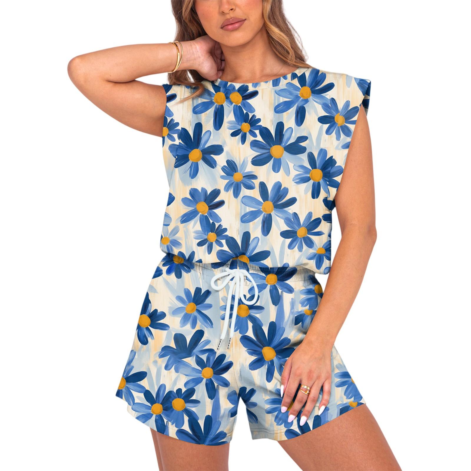 

Женский комбинезон с цветочным принтом, весна-лето, рукава-крылышки, регулируемая талия на шнурке, удобный повседневный короткий комбинезон с карманами XL небесно-голубой