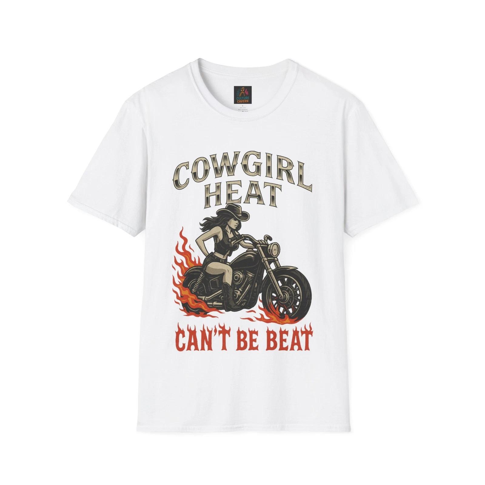 Cowgirl Heat Can’t Be Beat T-Shirt | Fun Western Graphic Tee, Biker T-Shirt S