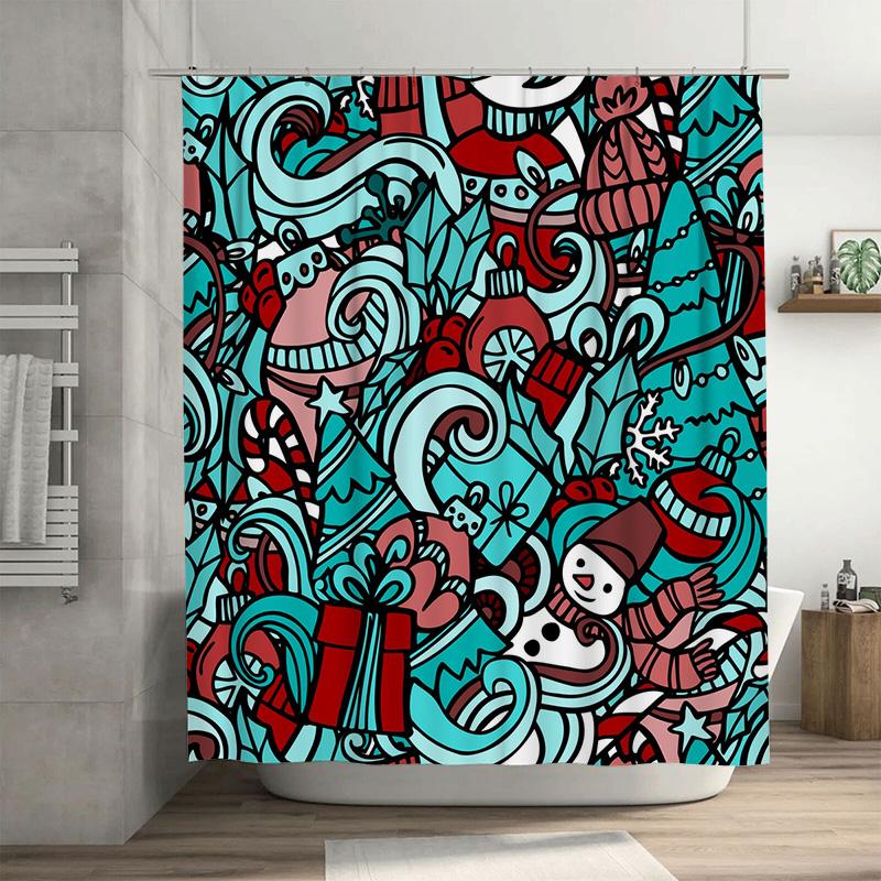 TU Festive Christmas Shower Curtain Waterproof Holiday Decor Reindeer Snowman Pattern Bathroom Decor Festive Home Decor Holiday 90x180cm35x71in