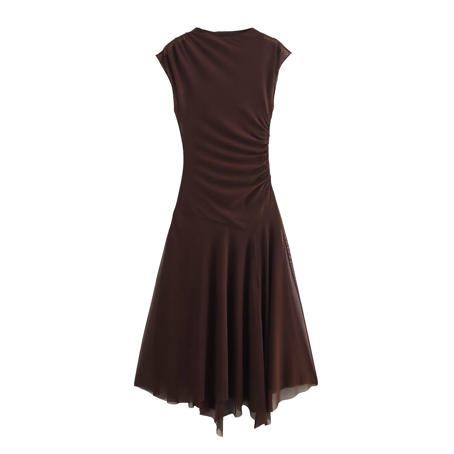 

Весна 2025 Женское облегающее шелковое миди-платье без рукавов с круглым вырезом Small темно-коричневого