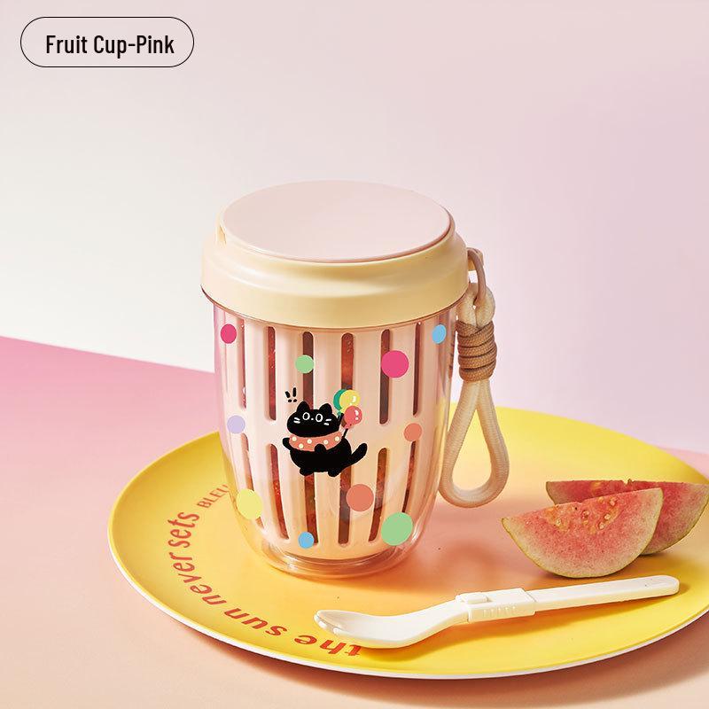 Stylish Portable Fruit & Salad Cup with Strainer and Fork Fruit Cup (with Fork + Hanging Strap)