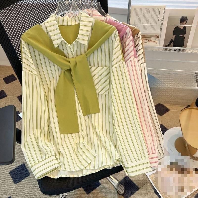 Chemise à manches longues pour femme avec rayures 3D et col polo pour un look décontracté de printemps