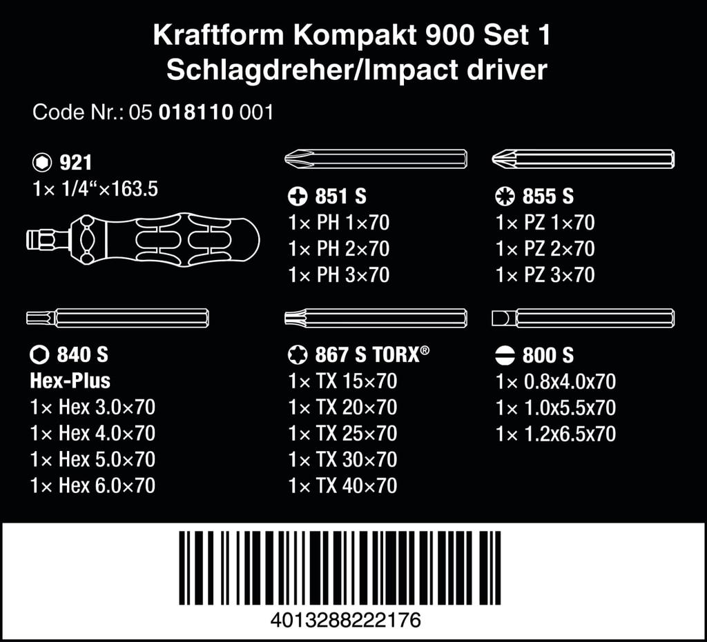 Wera 05018110001 Kraftform Kompakt 900 Interchangeable Screwdriver Set Set Imported from 1, 19-Piece [Officially Japan]