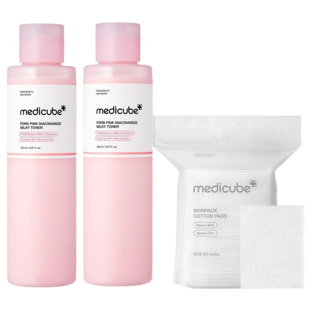 Medicube PDRN Pink Milky Toner Essence, Deep Hydrating & Radiance Care, 150ml (2-Pack + Bonus Cotton Pads)
