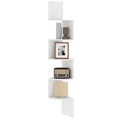 Corner Wall Storage Shelf Zigzag Shape 20L X 20W X 126H Cm 5 Levels White Wood