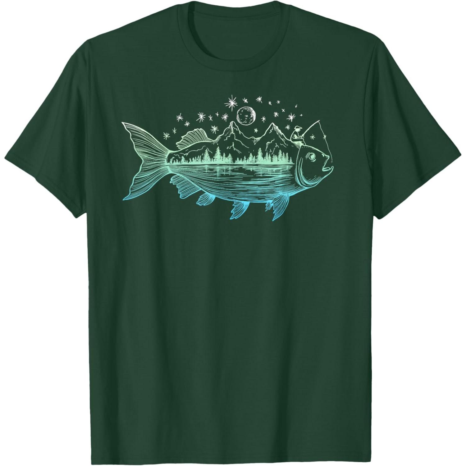 

Cool Fish Shaped from Mountains Nature Scene Fishing TShirt S