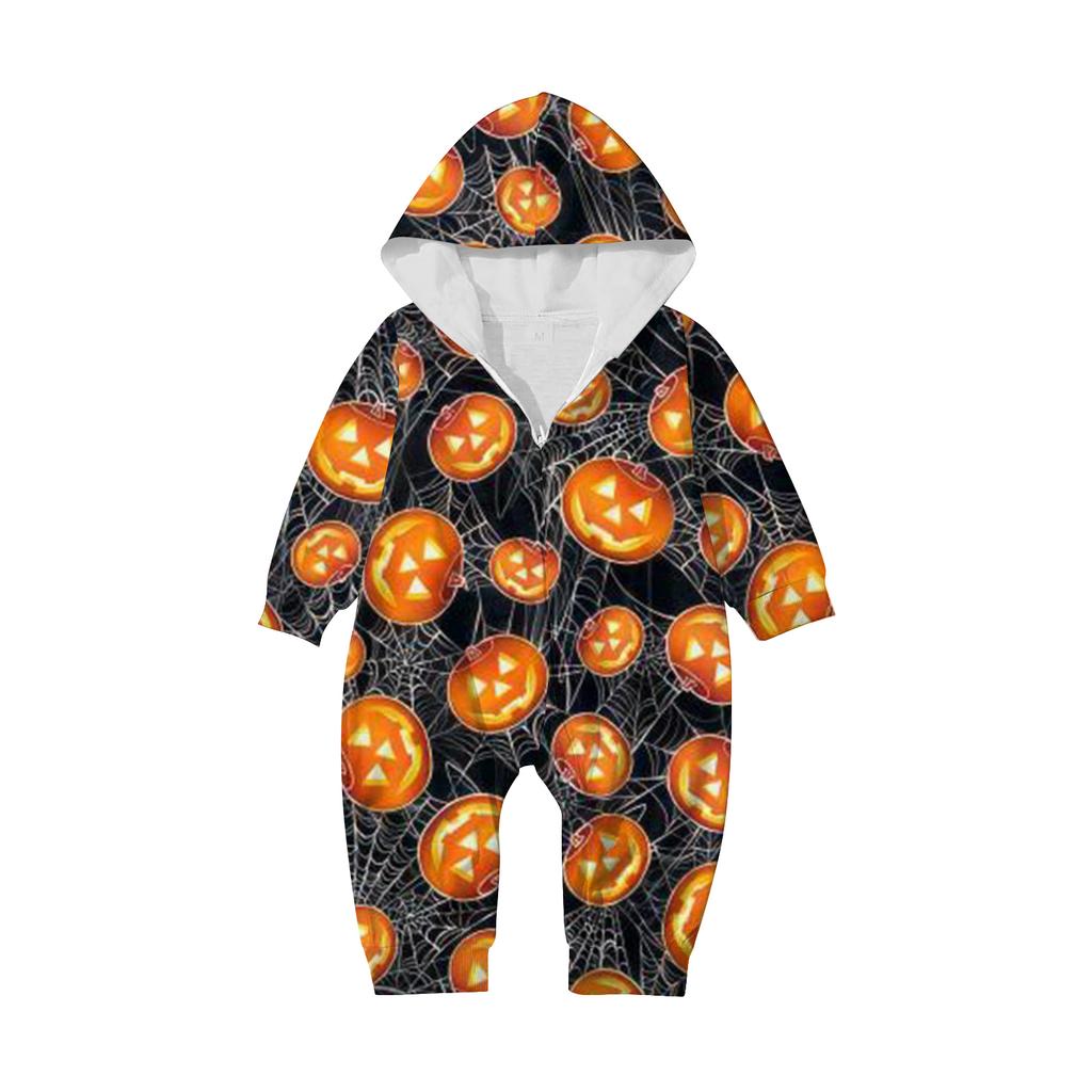 Halloween Printed Family Matching Hooded Long Sleeved Zippered Hooded Jumpsuit Set