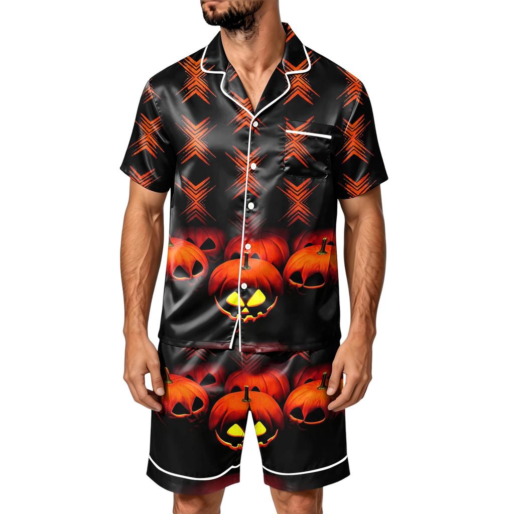 Men's Halloween Print Satin Pajama Set - Short Sleeve Tee and Shorts with Pockets, Loose Fit Sleepwear for Home