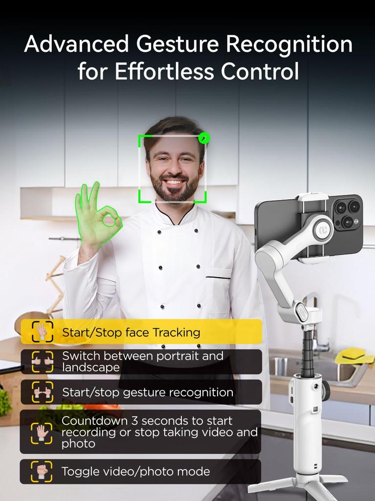 AOCHUAN Smart X2 iPhone Gimbal Stabilisator 3-Achsen mit OLED-Display KI-Tracking 7,8 Zoll Verlängerungsstange 280 Panorama-Vlog-Telefon Weiß