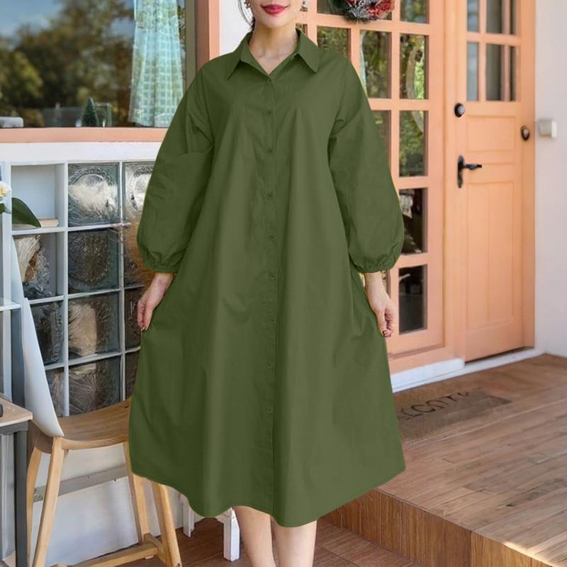ZANZEA Women Casual Turn Down Collar Puff Long Sleeve Loose Shirt Dress