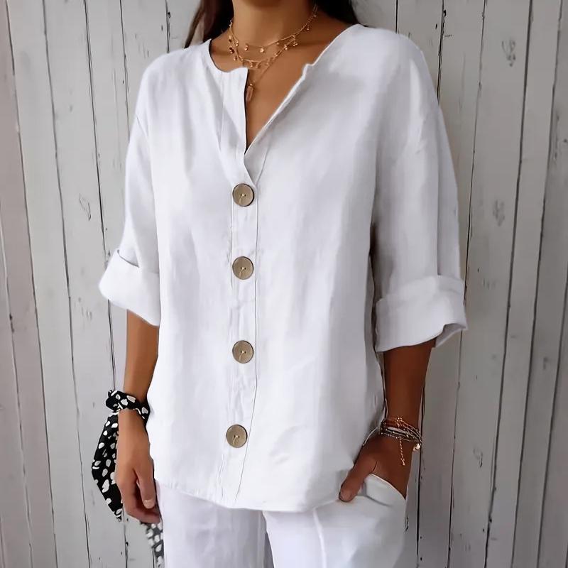 

Рубашка свободного кроя с коротким рукавом и V-образным вырезом, на деревянных пуговицах, повседневная блузка бежевого, красного, синего, зеленого, черного цвета S слоновая кость