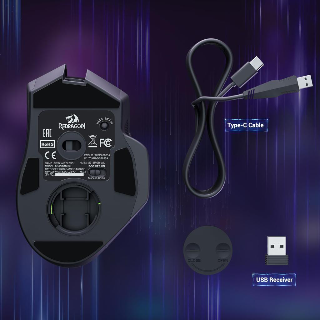 Redragon Mouse Ergonômico Sem Fio para Jogos 16000 DPI com Fogo Rápido 9 Macros Capacidade de Energia Durável e Retroiluminação RGB para Mouse, Tecla, Botões, 170 Horas
