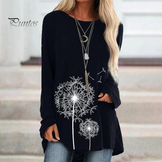 Damen-Tunika-Oberteil in Übergröße mit Löwenzahn-Print, Longline-Shirt, Rundhalsausschnitt, Langarm, Pullover, T-Shirt, lässige Bluse mit lockerer Passform für die Arbeit, den Alltag