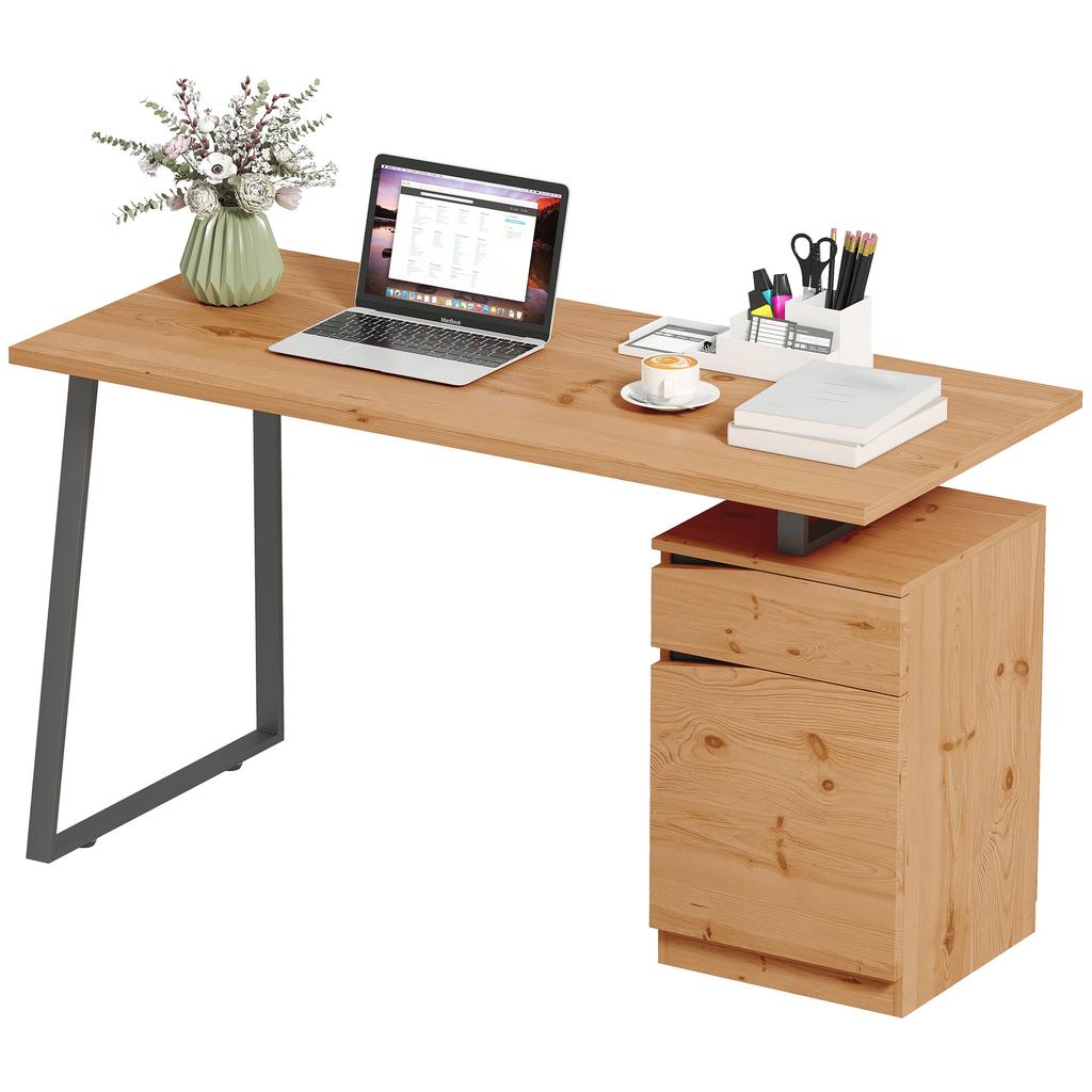 Computer Desk, Writing Desk with Cabinet, Drawer, Metal Legs, Work Table for Home Office Study, Natural Wood Finish