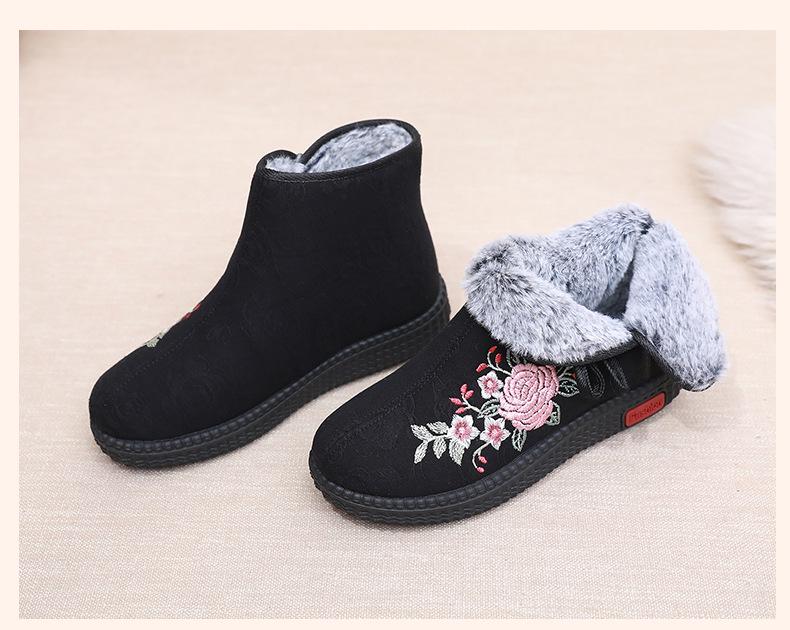Botines Retro Bordados para Mujer - Zapatos de Mamá de Algodón Felpudo Cálido, Estilo Étnico.