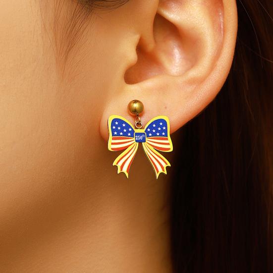 Yousheng 250th Anniversary Jewelry Set, USA Flag Pattern Bowknot Stud Earrings, Adjustable Fit Choker Necklace, Independence Day Commemorative Bow