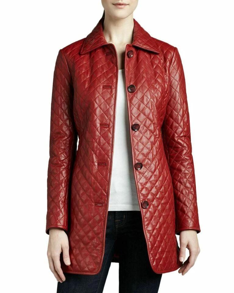Handmade Leather Trench Coat Slim Fit Red Party Wear Stylish Women Designer Lambskin
