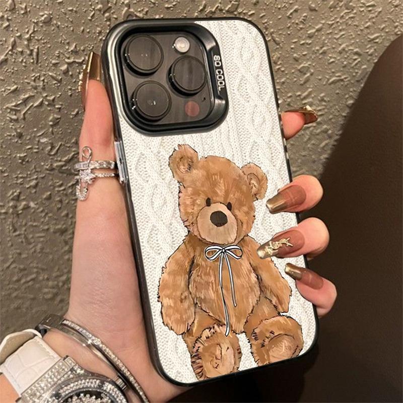Knitted Bear Warm Pattern Silver Case For Samsung Galaxy S25 FE S24 Ultra S23 Plus S22 A26 A25 A24 A36 A56 A55 A54 A53 A16 Cover