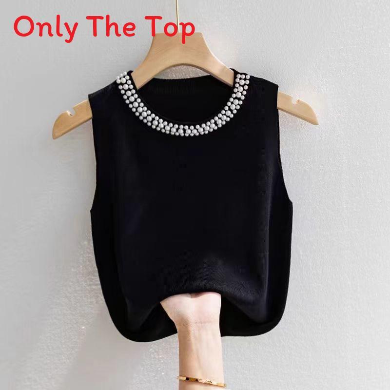 Summer Womens Knitted Tank Top With Pearl Embellishments For Casual Wear