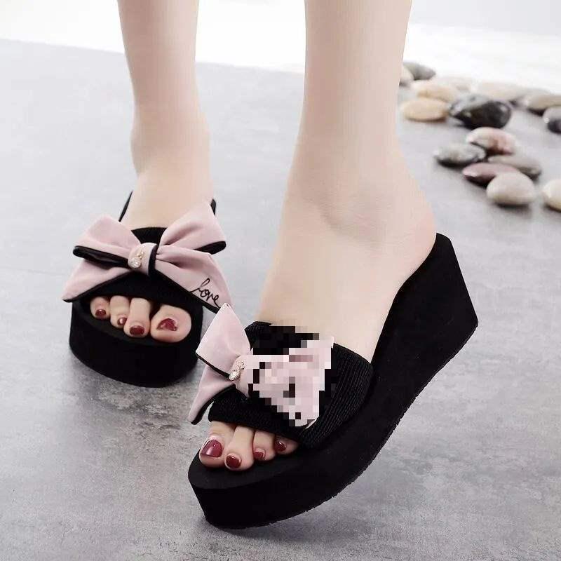 Women's Bowknot Wedge Flip-Flops: Versatile, Thick-Soled Beach Sandals for Summer Skirt Pairing and Outdoor Wear