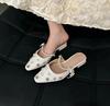 Fashion 2024 New Women'srs Mules Crystal Pearl Pointed Mary Jane Shoes Low Heel Sandals