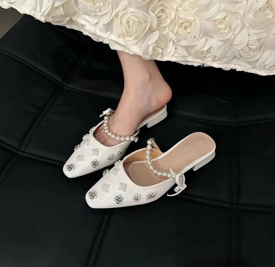 Fashion 2024 New Women'srs Mules Crystal Pearl Pointed Mary Jane Shoes Low Heel Sandals