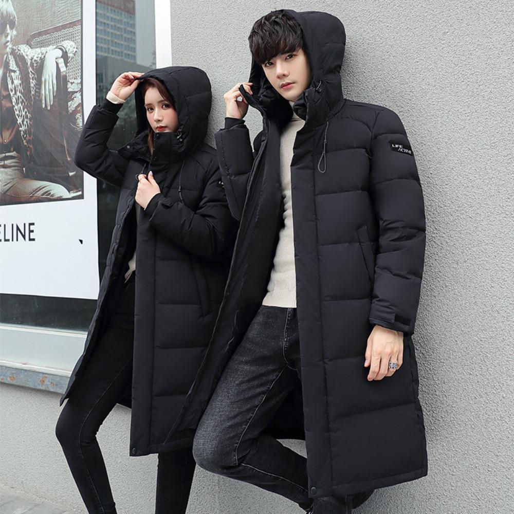 Winter couple down jacket thickened men's and women's down jacket long over knee hooded down jacket warm trendy jacket