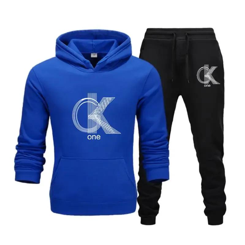 Linegeo Men Hoodie & Jogger Set, Refined Striped Interlocked Letter Art Print, Thick Fleece Sport Two Piece Set for Street Leisure