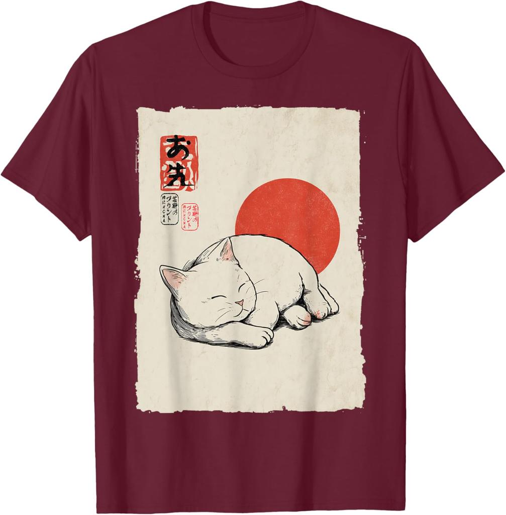 Gatto Bianco Dormiente Arte Giapponese Stile Ukiyo E Maglietta Grafica Casual in Cotone