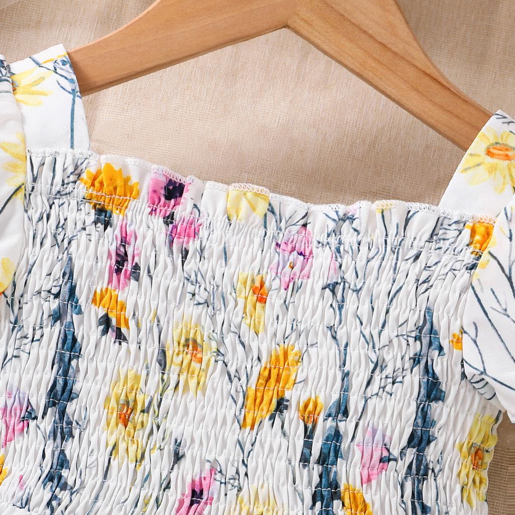 Dětské šaty s krátkým rukávem s květinovým vzorem Letní dívčí sladké princeznovské šaty