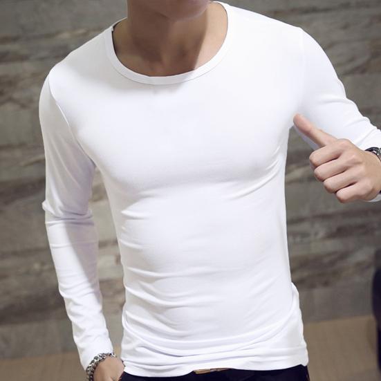 Men Spring Top Long Sleeve Round Neck Solid Color Slim Fit Pullover Warm Basic Plus Size Spring T-shirt for Work