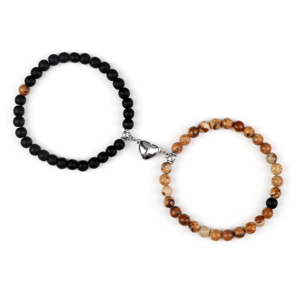 2Pcs/Set Couple Magnet Heart Shape Pendant Bracelets 6MM Malachite Tiger Eye Bangles Love Relationship Pulsera Jewelry Gift New