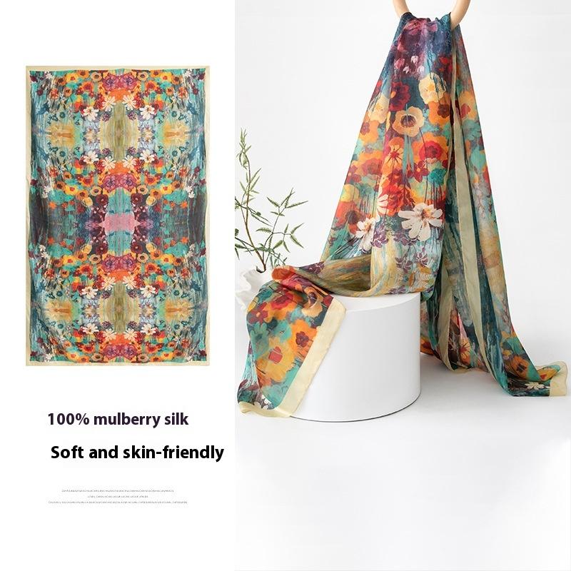 Spring  100% mulberry silk scarf women's thin shawl silk oil painting retro plain crepe satin premium long scarf