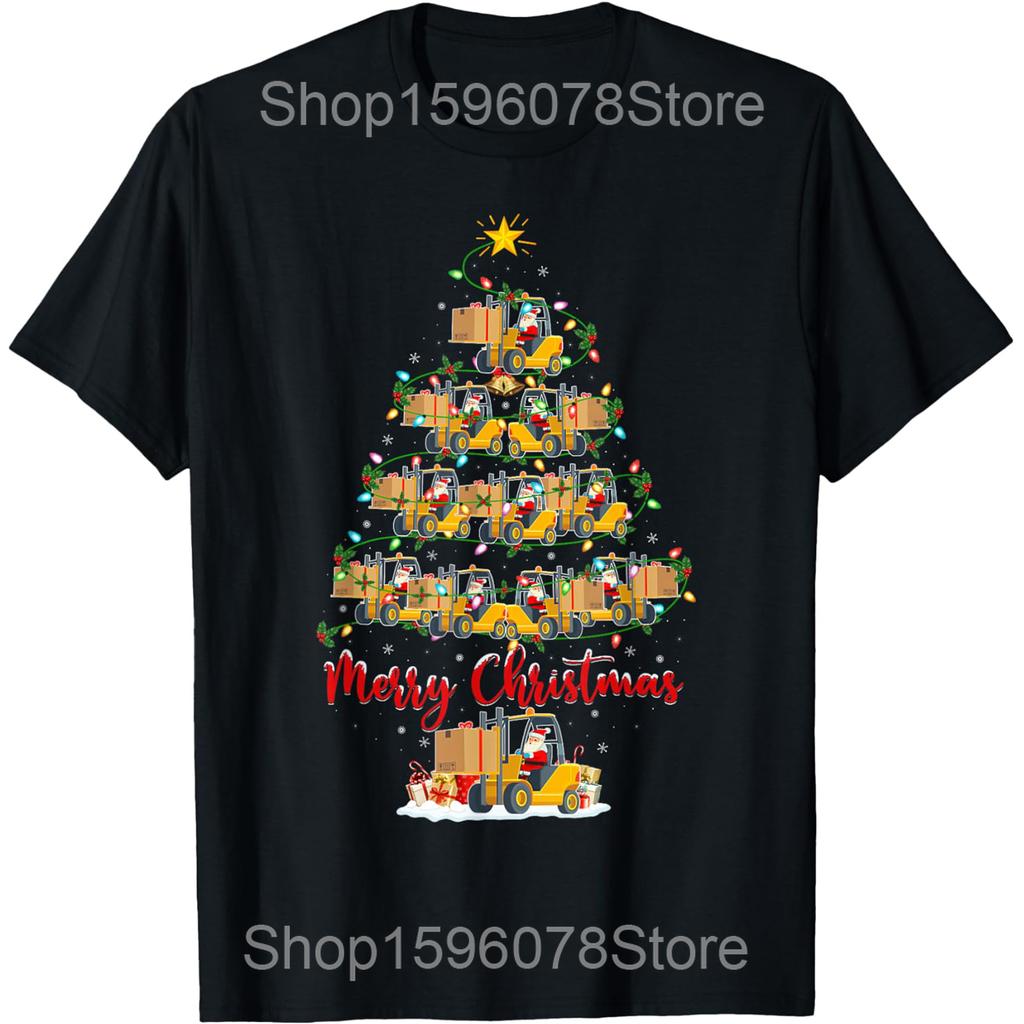 Forklift Lover Xmas Lighting Ugly Christmas T Shirts Men Cotton Humor Streetwear Tee Short Sleeve Unisex Loose Clothing