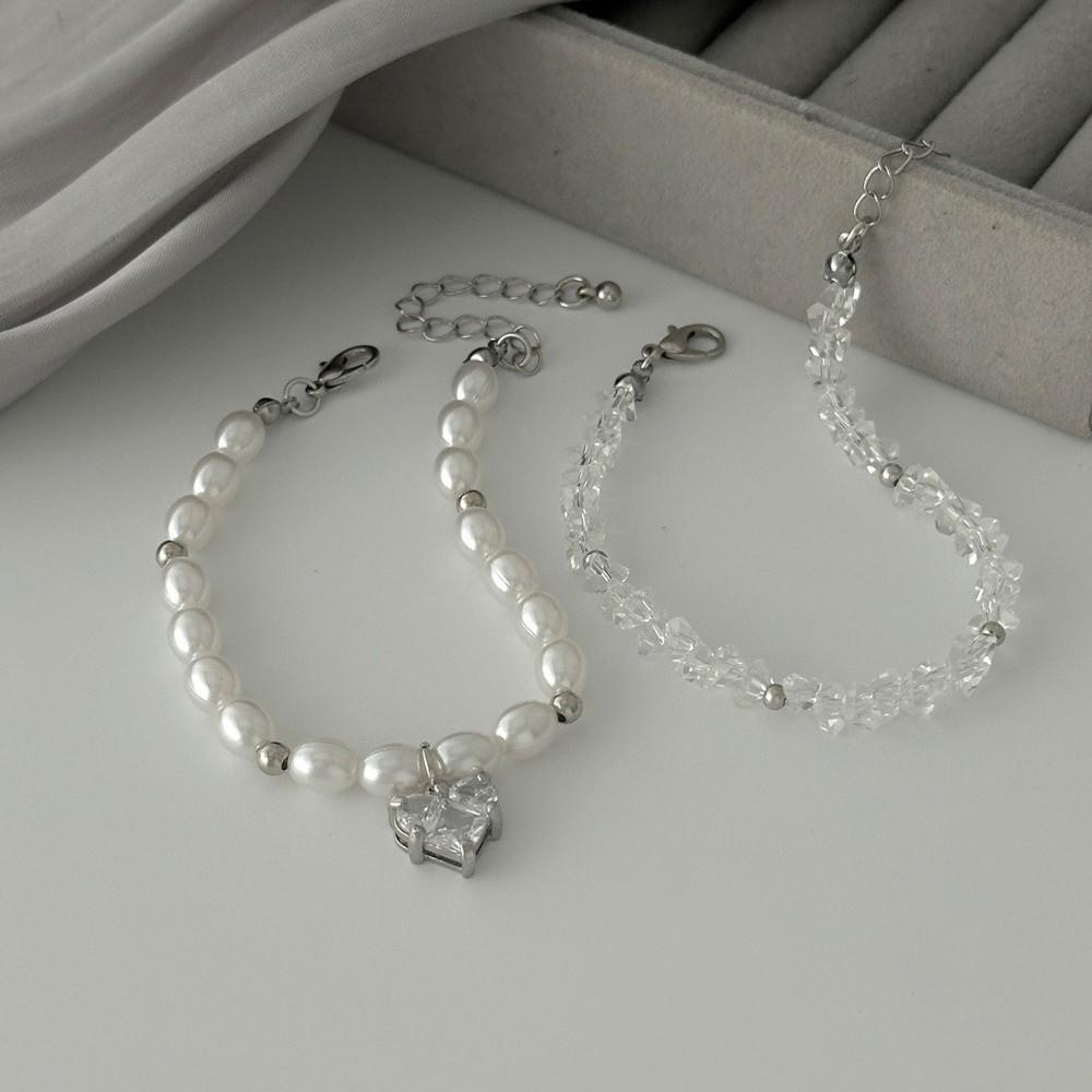 Silver Heart Pendant Bracelets Beaded Metal Hand Chain Trendy Imitation Pearl Bracelets  Gifts