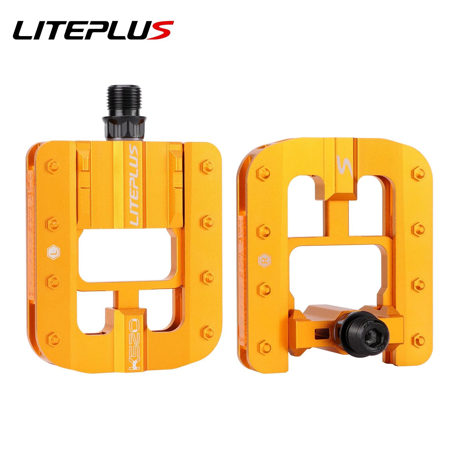 LITEPLUS Folding Bicycle Pedals Foldable Pedals Bicycle Aluminum Alloy Pedals Anti-skid Spikes With Reflector 520 Pedal-Gold