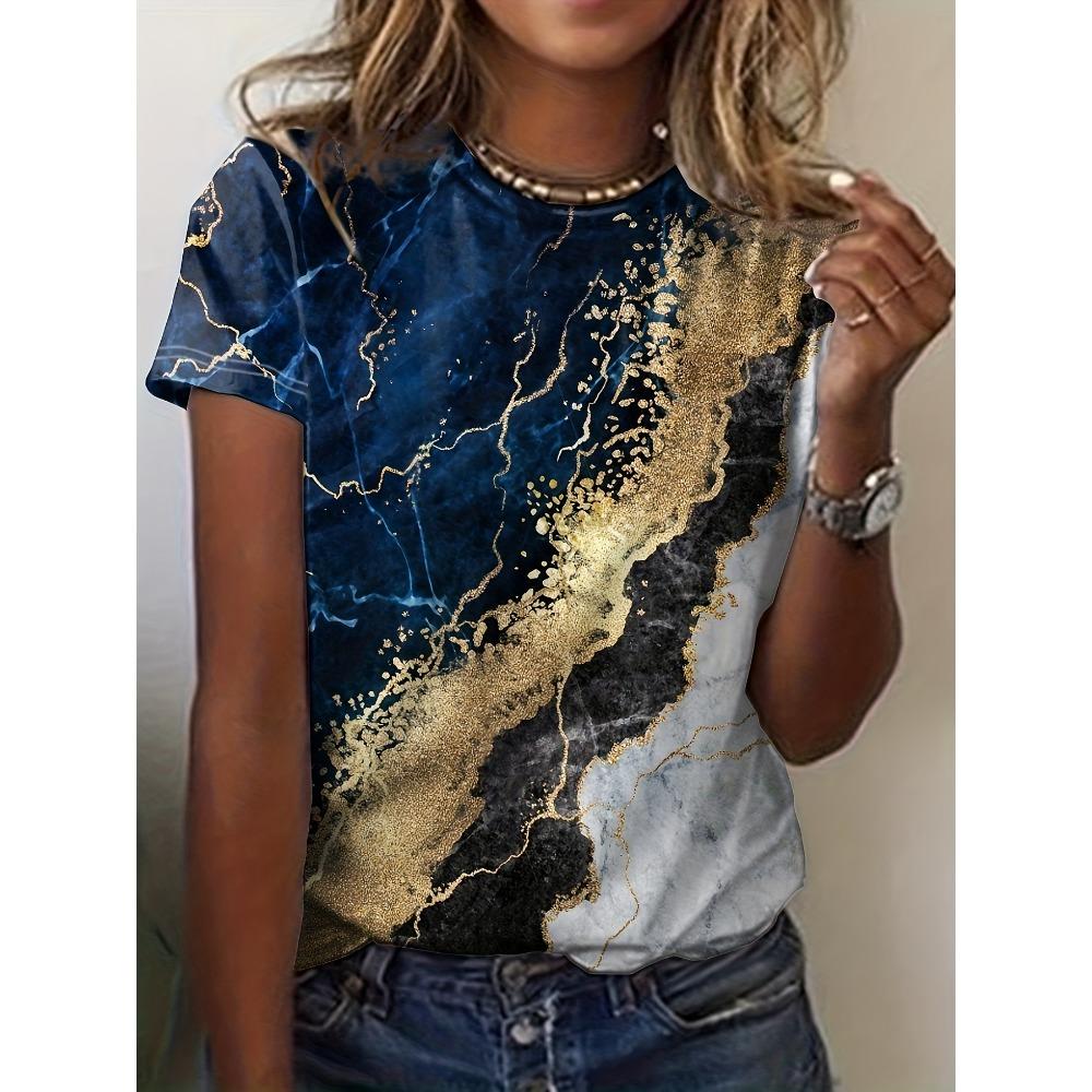 Letni damski top z krótkim rękawem z nadrukiem 3D w kwiatowy wzór z gradientem, modny T-shirt z dekoltem O, kwiatowa tekstura