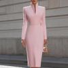Elegant European & American Style Stand Collar Long Sleeve Bodycon Dress for Women - Slim Fit, Mid-Length, Formal Wear