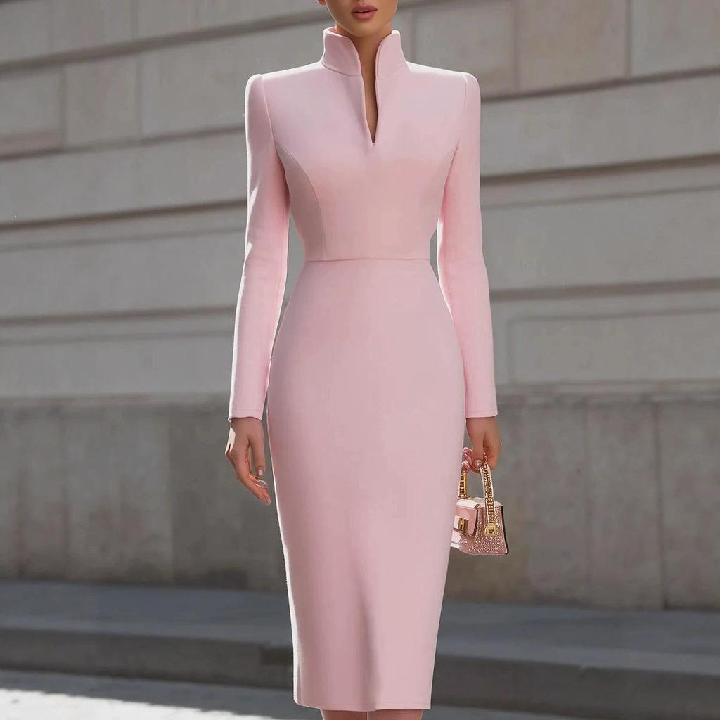 Elegant European & American Style Stand Collar Long Sleeve Bodycon Dress for Women - Slim Fit, Mid-Length, Formal Wear