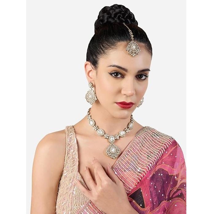 Antique Gold Tone Dazzling Stones Necklace Earring & Maangtikka Set For Women