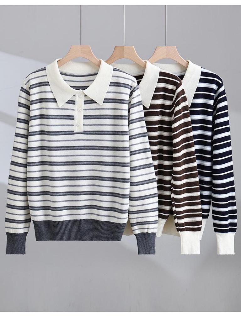 Andis Women's Color Block Stripe Polo Neck Knit Top - Age-Reducing Autumn/Winter Style