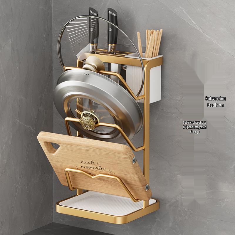 Wall-Mounted Multi-Functional Storage Rack: Cutting Board, Lid, Knife, Spoon, Chopstick Holder - No-Drill Installation.