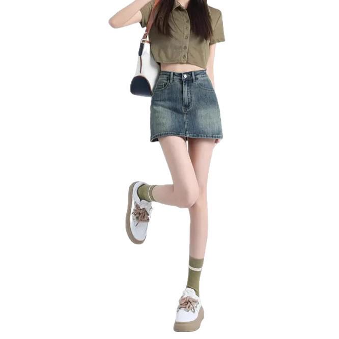 Spicy Girl Retro High-Waisted Letter Print Denim Skirt – Women's Slimming Hip-Hugging Short Skirt