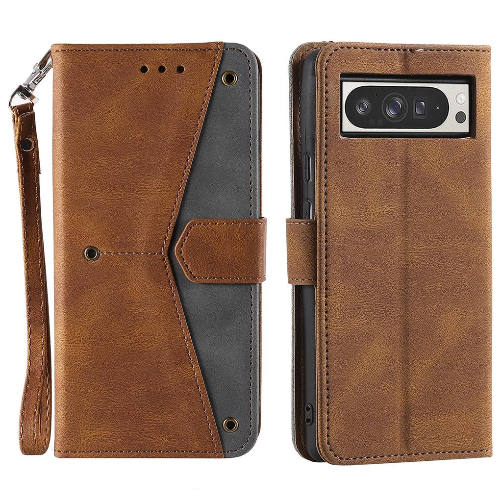 For Google Pixel 10 Pro XL Leather Case Splicing Stitching Wallet Phone Cover with Wrist Strap