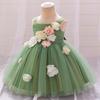 European & American Style One-Shoulder Baby Girl Wedding Dress with 3D Flowers, Ideal for First Birthday or Special Occasion Performance.