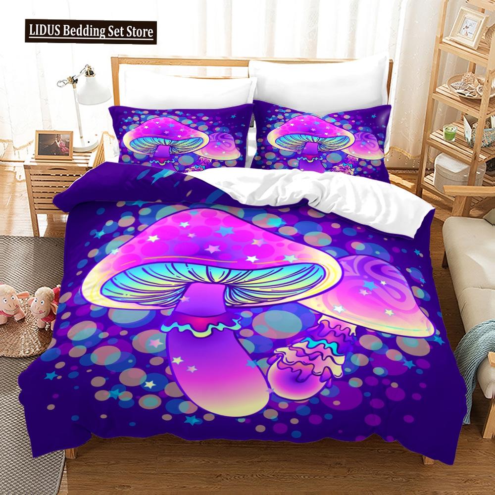 Mushroom Duvet Cover Set King Queen Size Star Purple Blue Trippy Mushroom Pattern Cartoon Polyester Bedding Set For Kid Boy Girl