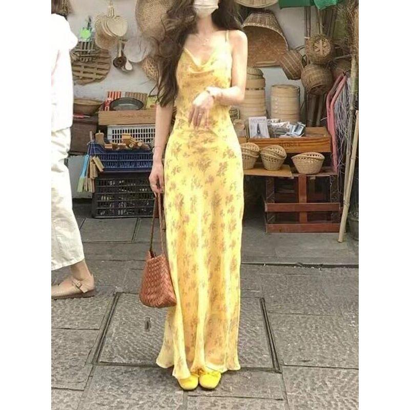 

Yellow Floral Dress with a Draped Neckline, Waist-Cinching, Elegant Spaghetti Strap Dress, Long Mermaid Dress (Shoulder Straps Adjustable) Dress S