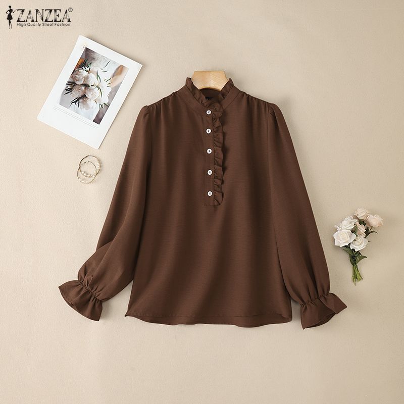 ZANZEA Women Casual Stand Collar Loose Long Sleeve Blouse