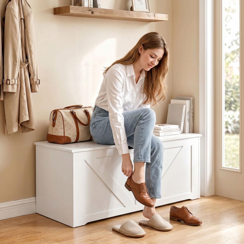 127L Home Storage Box, with Safety Hinges - White Wood-Effect