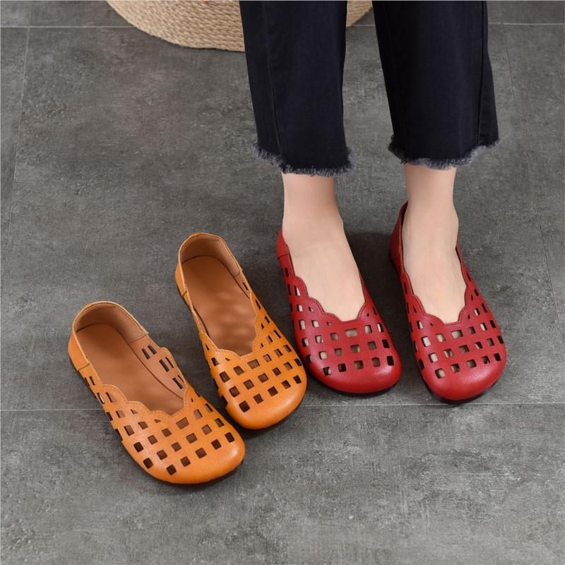 Johnature Genuine Leather Slip-on Shoes Hollow Out Breathable Soft Bottom Women's Flat Sandals